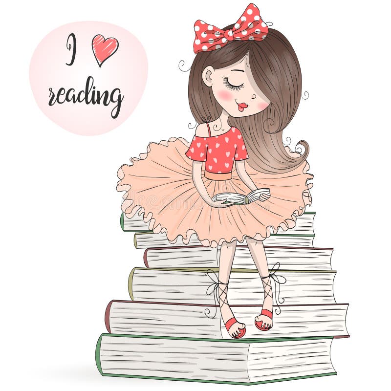 Räcka utdraget härligt, gulligt, sitter lilla flickan på böcker och läsning