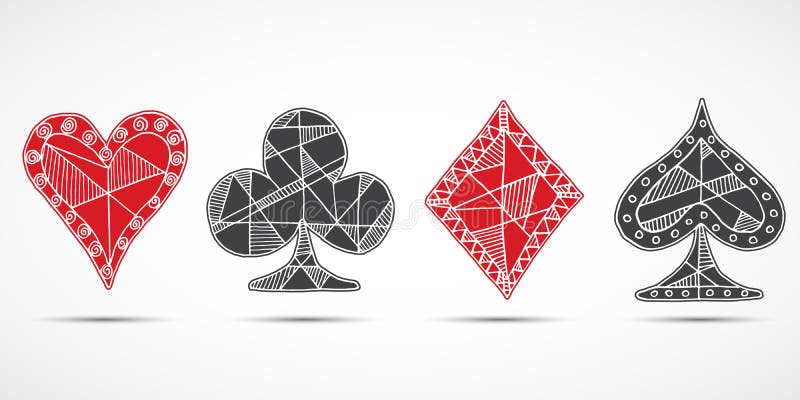 Räcka utdragna skissade spela kort, poker, blackjacksymbolet, bakgrund, spadar för klotterhjärtadiamanter och klubbar symboler stock illustrationer Räcka utdragna skissade spela kort, poker, blackjacksymbolet, bakgrund, spadar för klotterhjärtadiamanter och klubbar symboler stock illustrationer