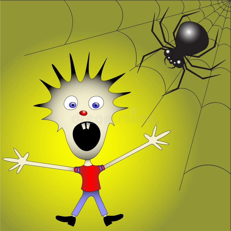 Vector kid afraid of spider. Vector kid afraid of spider