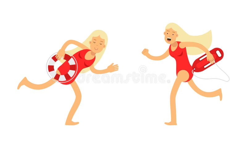 Räddningstjänst vid röda baddräkter som springer med räddningsköp.. Vektorillustration för kvinnliga professionella räddningsvekto stock illustrationer