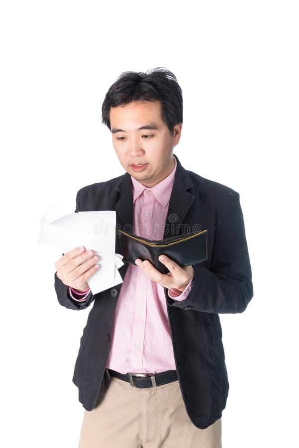 Bill and wallet in Asian businessman hand, isolated on white background. Bill and wallet in Asian businessman hand, isolated on white background