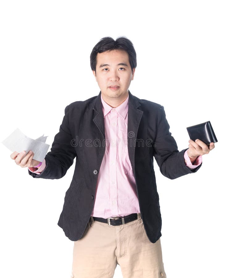 Bill and wallet in Asian businessman hand, isolated on white background. Bill and wallet in Asian businessman hand, isolated on white background