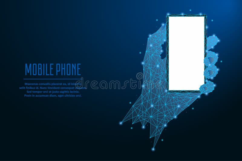 ręka komórkę Ilustracja robić poligonalną wireframe siatką w błękitnym kolorze Niska poli- ręka i palce trzyma smartphone ilustracja wektor ręka komórkę Ilustracja robić poligonalną wireframe siatką w błękitnym kolorze Niska poli- ręka i palce trzyma smartphone ilustracja wektor