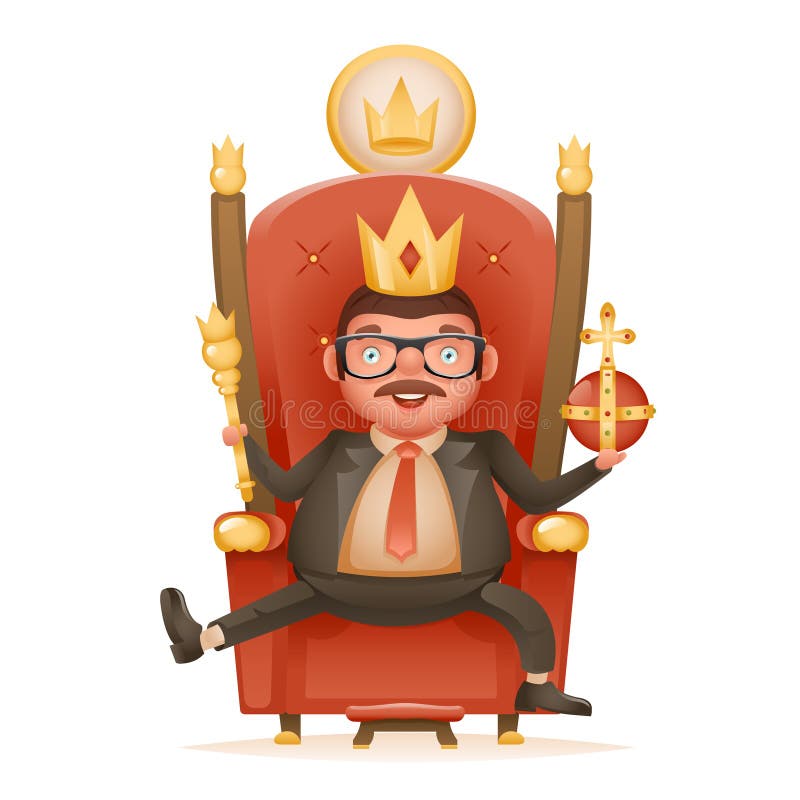 Règle gaie mignonne de couronne de roi d'homme d'affaires réussi sur la couronne de trône sur la puissance principale et sceptre illustration stock Règle gaie mignonne de couronne de roi d'homme d'affaires réussi sur la couronne de trône sur la puissance principale et sceptre illustration stock