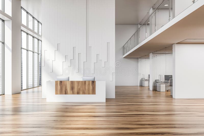 White and wooden reception desk with two large computers standing in modern business center with white walls and wooden floor. Small offices behind glass doors. 3d rendering. White and wooden reception desk with two large computers standing in modern business center with white walls and wooden floor. Small offices behind glass doors. 3d rendering