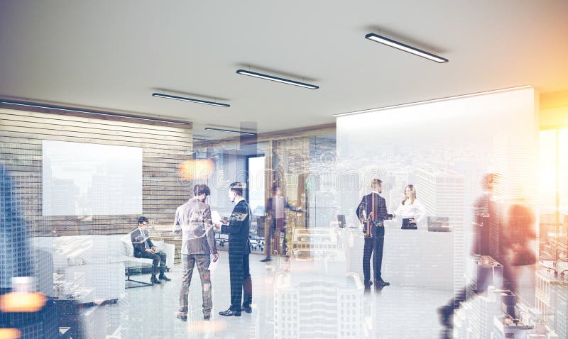 Modern office interior with a white reception counter, business people talking and glass wall offices in the background. A poster. 3d rendering mock up toned image double exposure. Modern office interior with a white reception counter, business people talking and glass wall offices in the background. A poster. 3d rendering mock up toned image double exposure