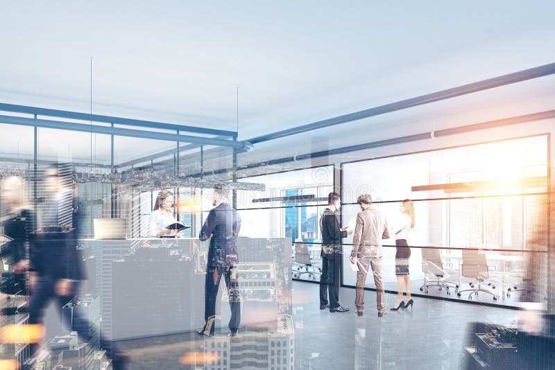 Modern office interior with a white reception counter, business people talking and glass wall offices in the background. 3d rendering mock up toned image double exposure. Modern office interior with a white reception counter, business people talking and glass wall offices in the background. 3d rendering mock up toned image double exposure