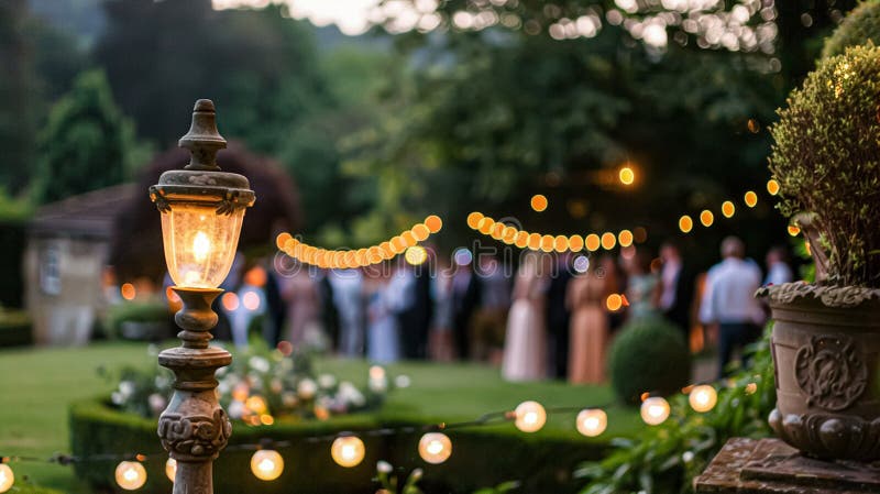 Réception de mariage extérieur la lumière chaude crée une atmosphère magique lorsque les invités s'imaginent que le fond est. Accueil de mariage extérieur chaleureux des lumières crée une atmosphère magique comme les invités de recueillir l'arrière-plan est légèrement floue joyeuse ambiance de la célébration romantique et festive soirée célébration de mariage ai généré