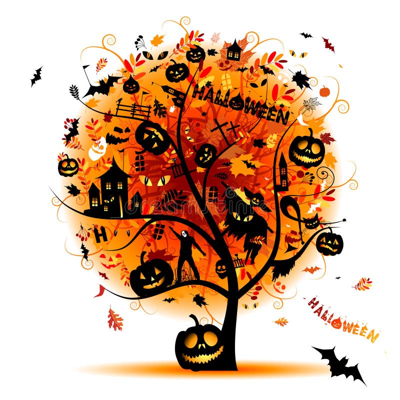Réception de nuit de Veille de la toussaint, arbre de concept illustration stock Réception de nuit de Veille de la toussaint, arbre de concept illustration stock