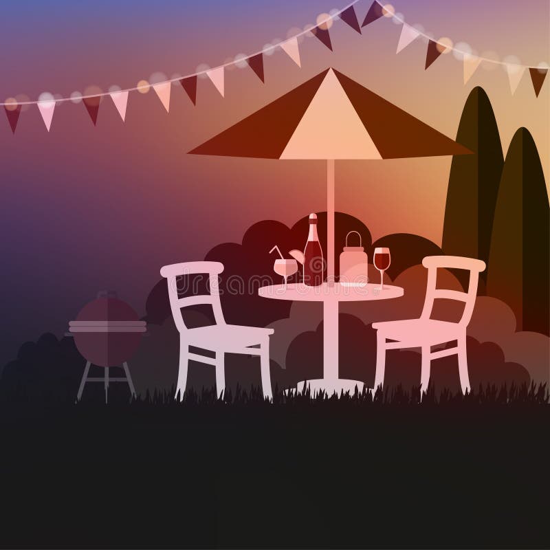 Réception en plein air d'été Barbecue extérieur d'été Fond de coucher du soleil Vacances, illustration illustration libre de droits Réception en plein air d'été Barbecue extérieur d'été Fond de coucher du soleil Vacances, illustration illustration libre de droits