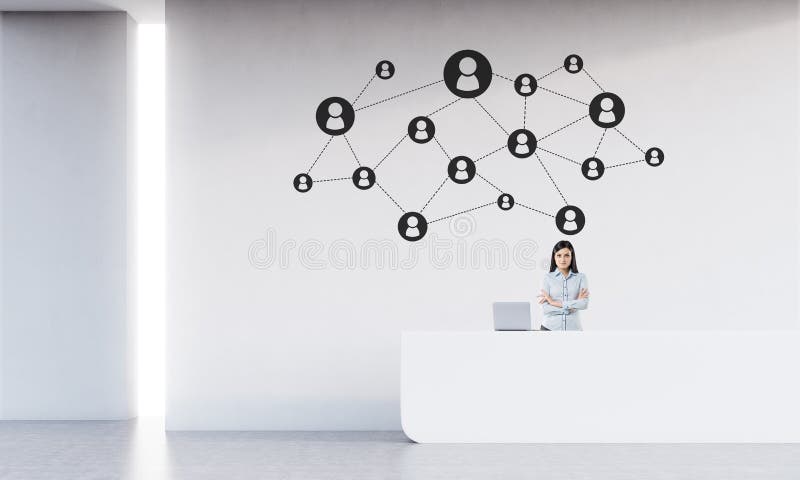 Cheerful receptionist is Cheerful receptionist is standing near her white counter with laptop and looking at the viewer in room with concrete walls. Concept of large company routine. 3d rendering. Mock up. Toned image. Cheerful receptionist is Cheerful receptionist is standing near her white counter with laptop and looking at the viewer in room with concrete walls. Concept of large company routine. 3d rendering. Mock up. Toned image