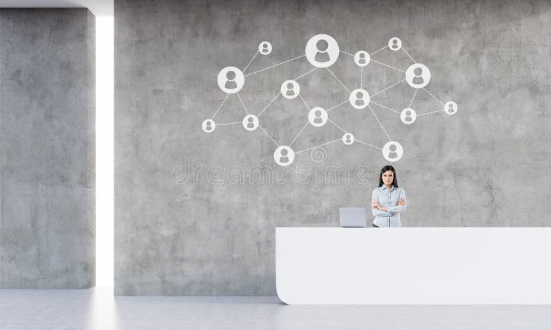 Cheerful receptionist is standing near her white counter with laptop and looking at the viewer. Startup image is above her in room with concrete walls. Concept of secretary work. 3d rendering. Mock up. Cheerful receptionist is standing near her white counter with laptop and looking at the viewer. Startup image is above her in room with concrete walls. Concept of secretary work. 3d rendering. Mock up.