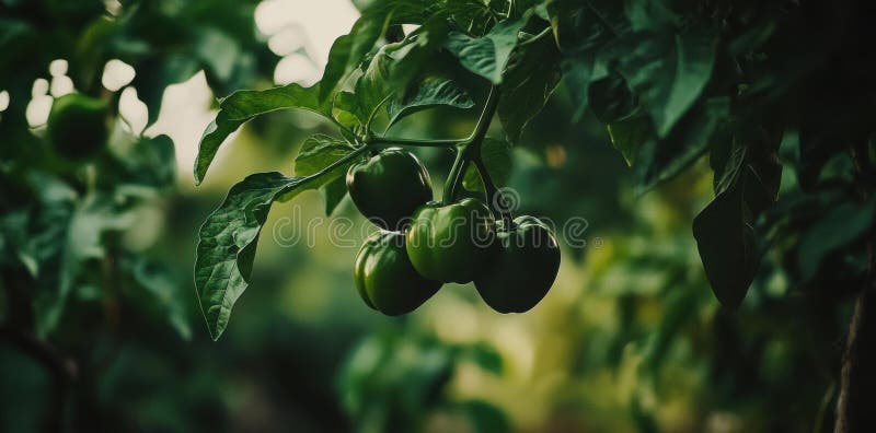 Récolte de poivrons verts sur une plante avec des feuilles fraîches sur le jardin. Alimentation végétarienne photo stock