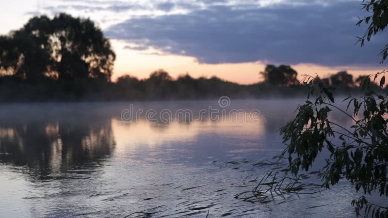 Réflexion de lever de soleil de matin dans la hausse brumeuse de brouillard de l'eau de rivière débordante