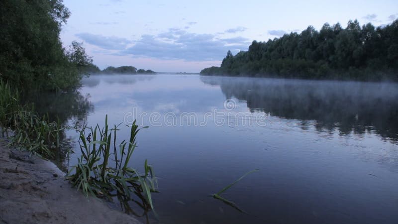 Réflexion de lever de soleil de matin dans la hausse brumeuse de brouillard de l'eau de rivière débordante