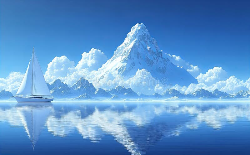 Réflexions majestueuses sur le lac bleu clair sous ciel nuageux illustration de vecteur