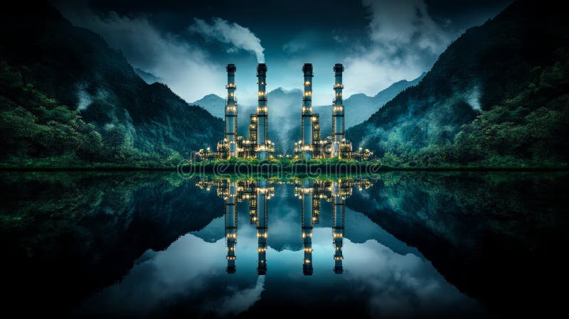 Réflexions nocturnes de centrales industrielles entourées de montagnes et d'une végétation luxuriante illustration stock