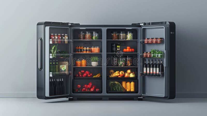 Réfrigérateur rempli avec nourriture et boissons. Un large assortiment de nourriture et de boissons bien organisées dans un frigo ouvert prêt à satisfaire la faim et la soif. ai généré