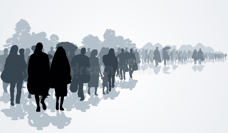 Silhouettes of refugees people searching new homes or life due to persecution. Vector illustration. Silhouettes of refugees people searching new homes or life due to persecution. Vector illustration