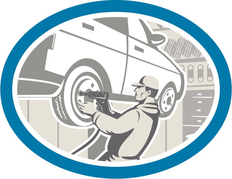 Réparation de Changing Car Tire de mécanicien rétro illustration stock Réparation de Changing Car Tire de mécanicien rétro illustration stock