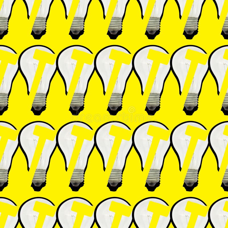 Répétition du modèle sans couture lumineux des ampoules en verre et du marteau sur le fond jaune images libres de droits Répétition du modèle sans couture lumineux des ampoules en verre et du marteau sur le fond jaune images libres de droits