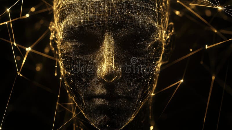 Réseau neuronal doré Face interconnectée AI dans Portrait numérique avec noeuds et lignes brillants. IA générée