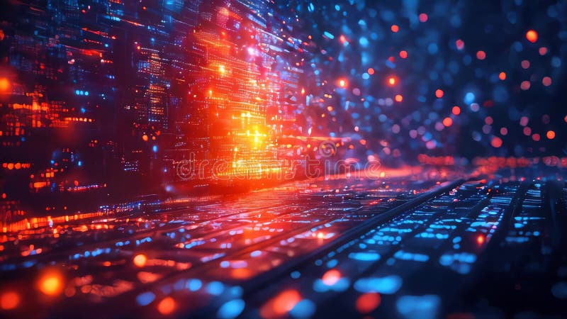 Réseau numérique abstrait brillant en bleu et en rouge représentant le flux de données et la connectivité technologique dans un illustration de vecteur