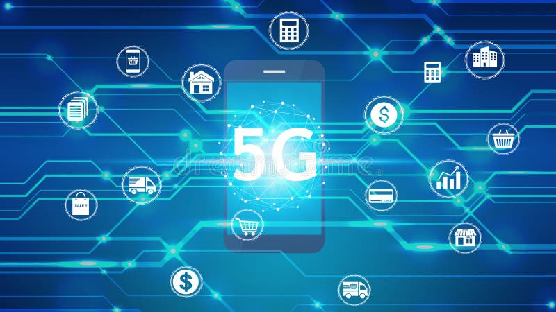 Réseau smartphone d'utilisation de main d'animation en utilisant la technologie 5g avec le concept de réseau mondial d'Internet 5g illustration stock