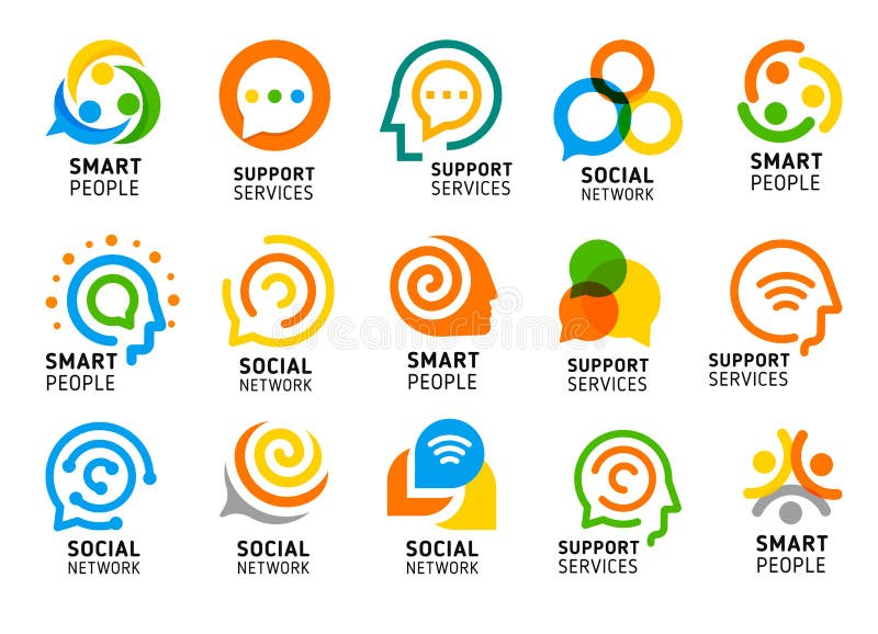Réseau social pour les personnes futées avec le cerveau créatif Ensemble d'icône de services de support Collection colorée de log