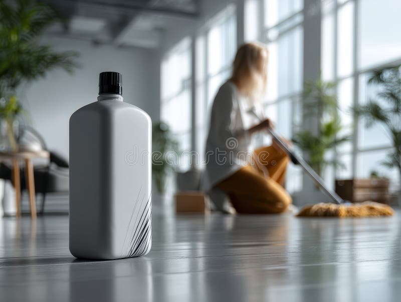 Réserver gallon de solution de nettoyage emballage Derrière est femme utiliser la foule nettoyer le plancher illustration libre de droits