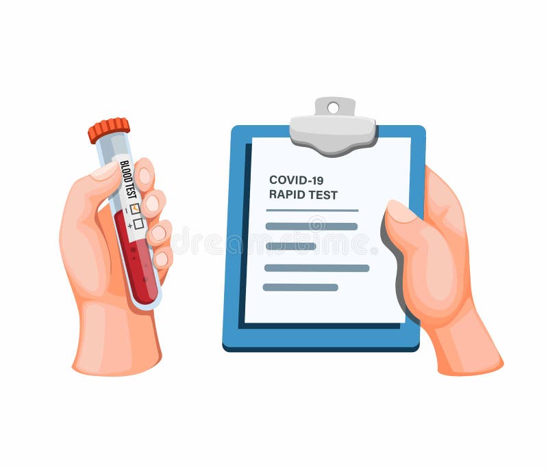 Résultat de test rapide à l'aide de la prise de sang pour vérifier l'infection de la main de virus de la couronne tenant le tube d'analyse de sang avec le concept de carton dans le vecteur d'illustration de dessin animé sur le fond blanc