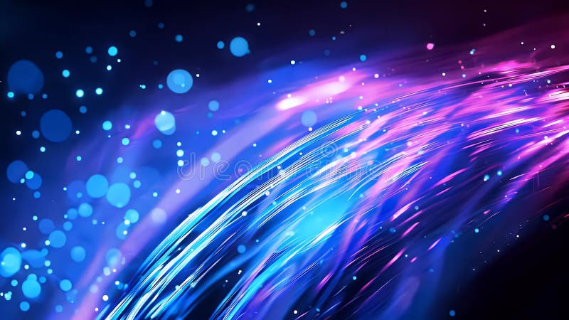 Résumé brille de fibres optiques bleu et violet brins entrelacés avec de minuscules particules d'énergie dans un noir illustration de vecteur