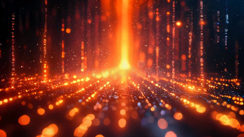 Résumé matrice de lumière numérique dans des tons oranges chauds avec des particules et brillant représentant l'énergie technologi illustration stock