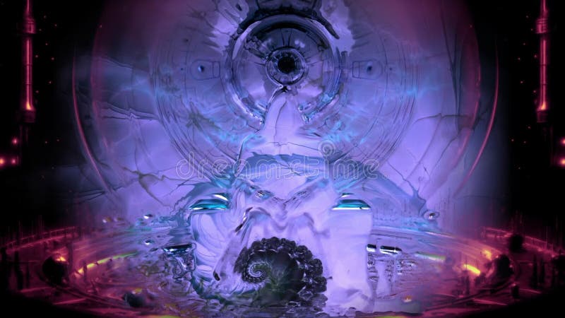 Résumé Sculpture liquide dans un environnement futuriste pourpre et bleu avec lumières brillantes illustration de vecteur