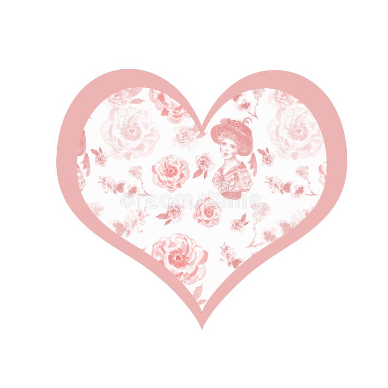 Rétro carte de style de cru avec le coeur, le portrait de femmes d'époque de belle et les fleurs roses sensibles sur le fond blan illustration libre de droits Rétro carte de style de cru avec le coeur, le portrait de femmes d'époque de belle et les fleurs roses sensibles sur le fond blan illustration libre de droits
