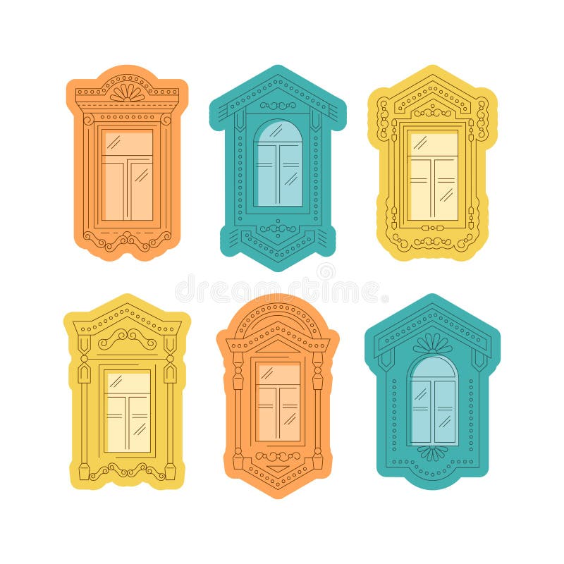 Rétro icône de fenêtre, cadres de vintage de fenêtre, Windows de la hutte féerique Ligne mince d'isolement icônes, illustration d illustration de vecteur Rétro icône de fenêtre, cadres de vintage de fenêtre, Windows de la hutte féerique Ligne mince d'isolement icônes, illustration d illustration de vecteur