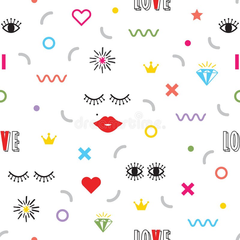 Colorful modern retro feminine fun icons and symbol pattern on white background. Colorful modern retro feminine fun icons and symbol pattern on white background