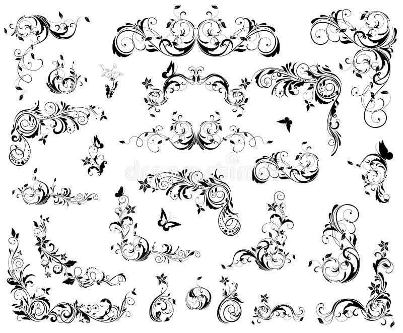 Rétro s'épanouit l'ensemble d'éléments décoratif Conception noire et blanche de cru illustration stock Rétro s'épanouit l'ensemble d'éléments décoratif Conception noire et blanche de cru illustration stock