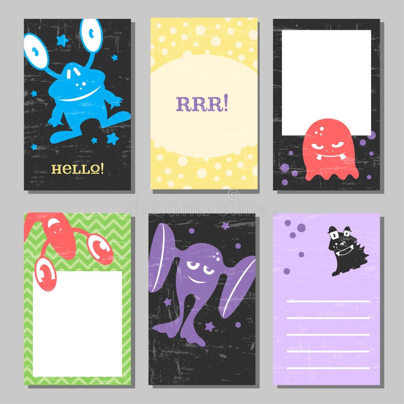 Rétros cartes en liasse drôles colorées avec les monstres mignons Calibres pour l'anniversaire, anniversaire, invitations de part illustration libre de droits Rétros cartes en liasse drôles colorées avec les monstres mignons Calibres pour l'anniversaire, anniversaire, invitations de part illustration libre de droits