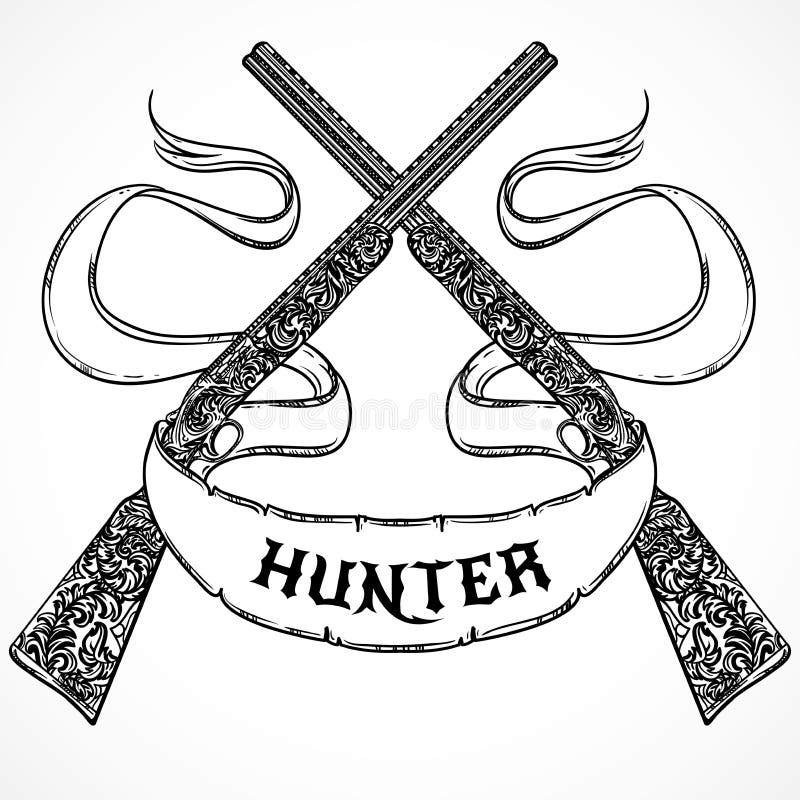 Rétros fusil de chasse et ruban tirés par la main dans le style de vintage avec un chasseur de slogan Élément détaillé fleuri de illustration de vecteur Rétros fusil de chasse et ruban tirés par la main dans le style de vintage avec un chasseur de slogan Élément détaillé fleuri de illustration de vecteur