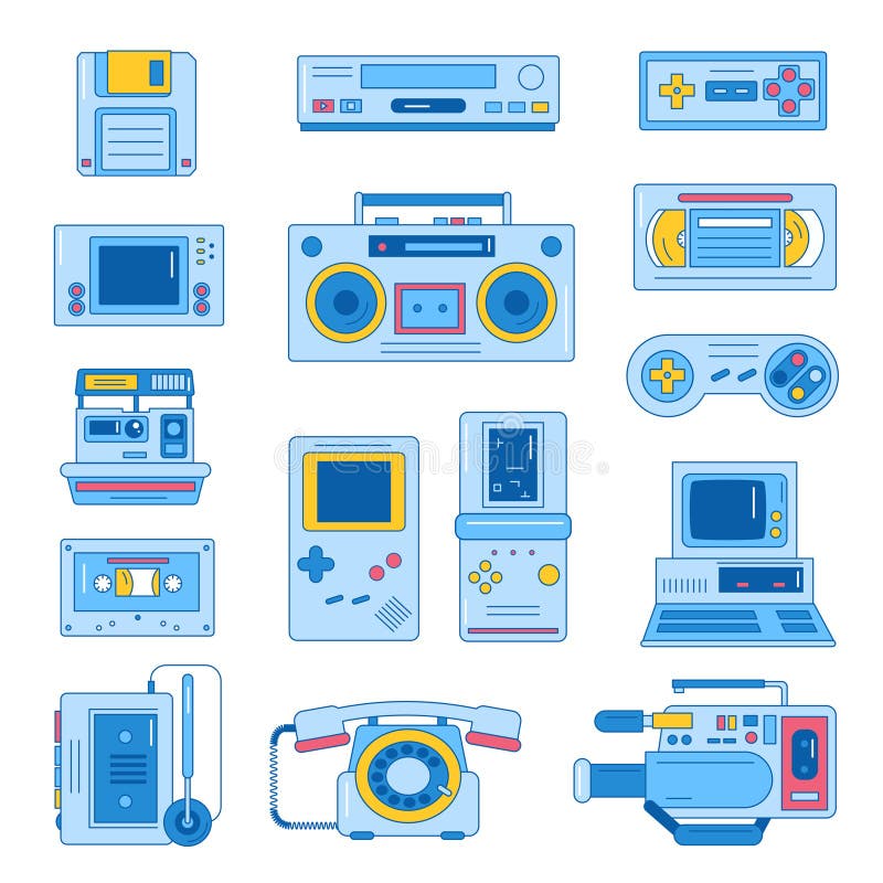 Retro gadgets from 90s in flat line style. Hipster old devices. Game and media tech things. Trendy vector web icon set. Retro gadgets from 90s in flat line style. Hipster old devices. Game and media tech things. Trendy vector web icon set.