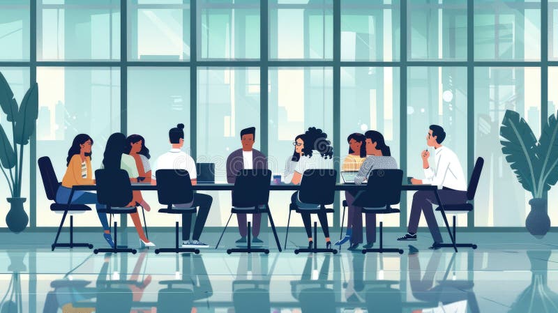 Réunion d'affaires dans un bureau moderne avec des cadres et des collègues discutant des stratégies de succès. aig53m. Des professionnels qui tiennent une réunion d'affaires dans un bureau urbain de grande taille discutant des stratégies de réussite future. aig53m ai généré