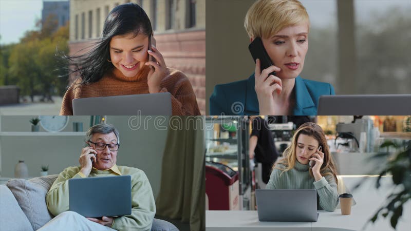 Réunion d'affaires en ligne avec des collègues vidéo appel briefing sur ordinateur portable parler téléphone portable collage de c banque de vidéos