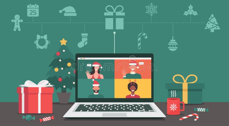 People meeting online together via video calling on a laptop to virtual discussion on Christmas holiday with icon, office desk workplace. People meeting online together via video calling on a laptop to virtual discussion on Christmas holiday with icon, office desk workplace