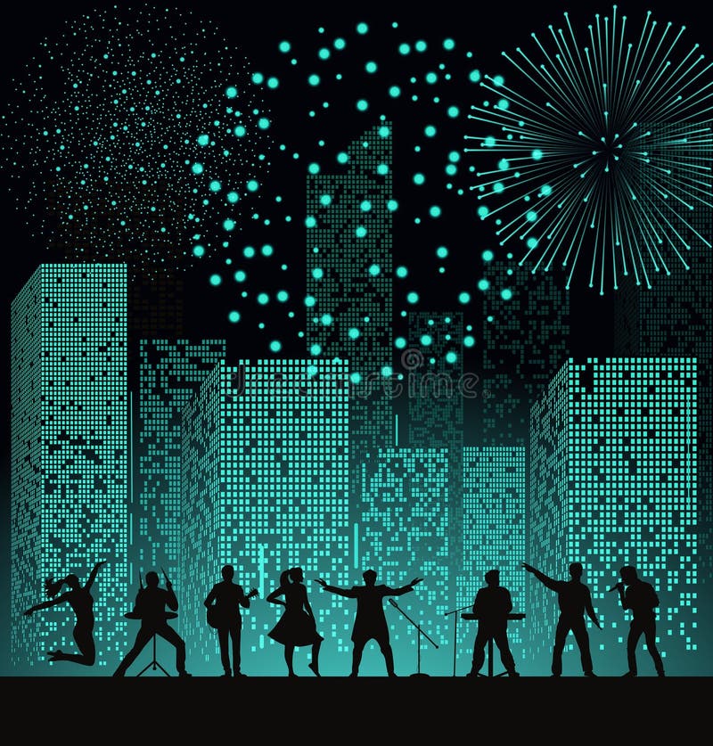 Réunissez l'exposition sur le fond de ville de nuit avec le fireshow au style de turquoise Concept de festival illustration de vecteur Réunissez l'exposition sur le fond de ville de nuit avec le fireshow au style de turquoise Concept de festival illustration de vecteur
