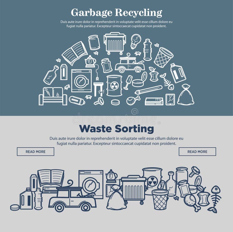 Réutilisation et déchets de déchets assortissant des pages d'Internet de prmotional illustration de vecteur Réutilisation et déchets de déchets assortissant des pages d'Internet de prmotional illustration de vecteur