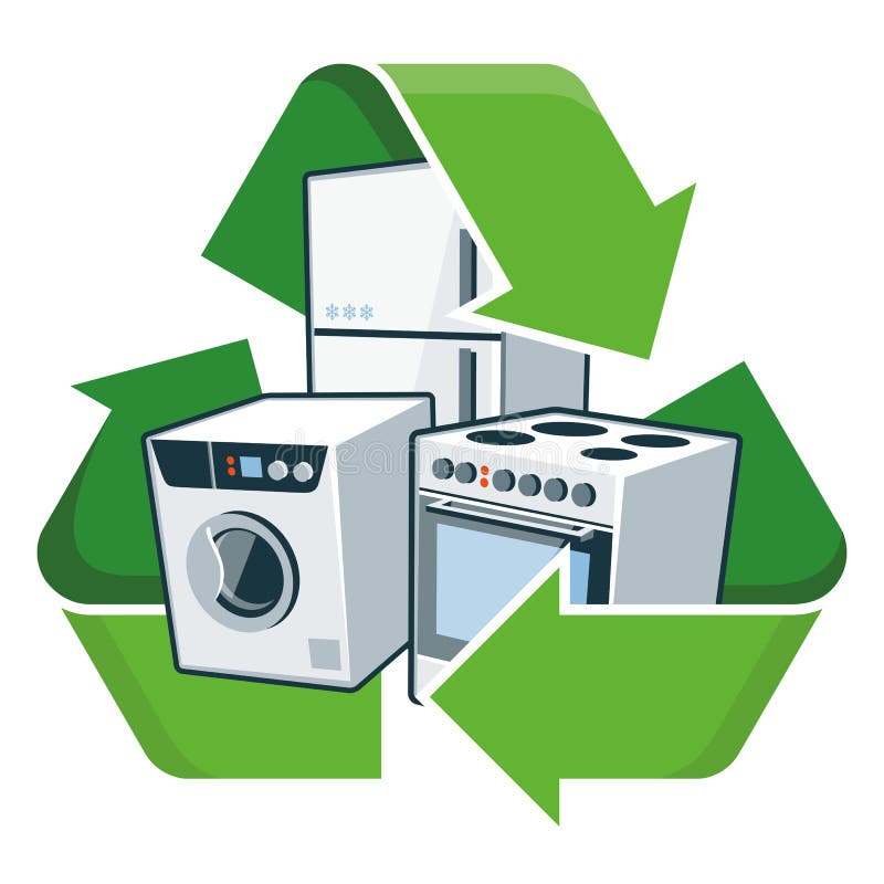 Large electronic home appliances with recycling symbol. Isolated vector illustration. Waste Electrical and Electronic Equipment - WEEE concept. Large electronic home appliances with recycling symbol. Isolated vector illustration. Waste Electrical and Electronic Equipment - WEEE concept.