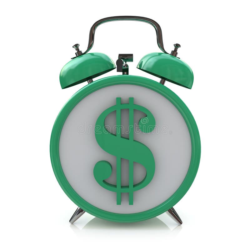 Green alarm clock with dollar symbol on clockface. Time is money in the design of information related to business and economy. Green alarm clock with dollar symbol on clockface. Time is money in the design of information related to business and economy