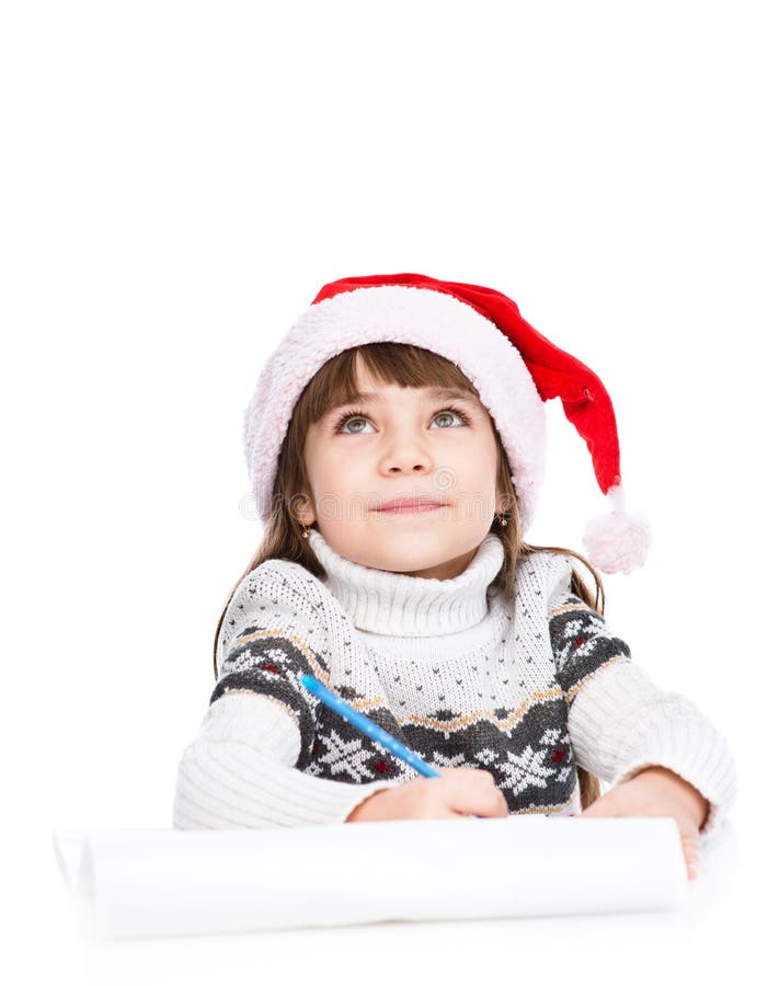 Rêve de fille au sujet des cadeaux et de penser quoi écrire dans une lettre à Santa sur le blanc photos libres de droits Rêve de fille au sujet des cadeaux et de penser quoi écrire dans une lettre à Santa sur le blanc photos libres de droits