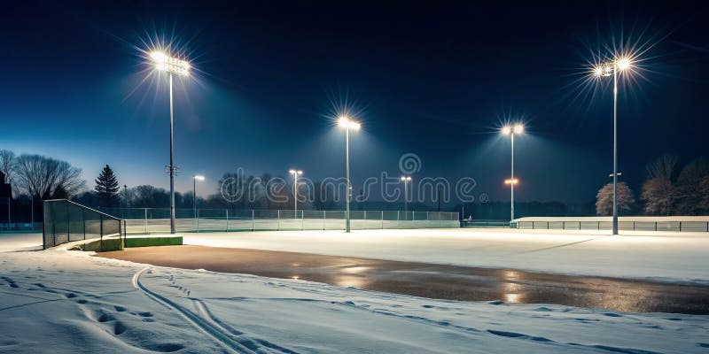 Rêves gelés terrain de baseball vide sous les lumières d'hiver Une étude sur la sérénité mélancolique illustration libre de droits